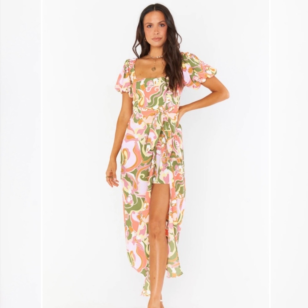 Show Me Your MuMu Danielle Floral Puff Sleeve Green & Pink Retro Paisley Dress
